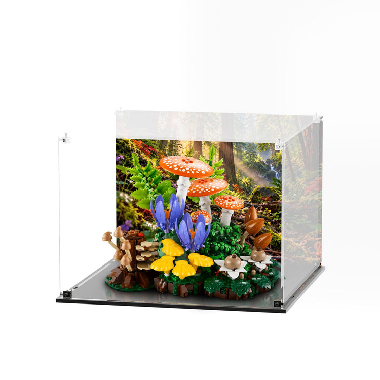 LEGO 11505 Woodland Mushrooms in an acrylic display case with a printed woodland background and black base