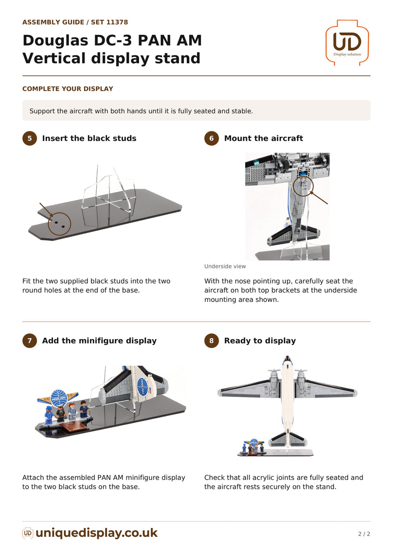 Load image into Gallery viewer, Assembly guide preview showing illustrated steps for the LEGO Douglas DC-3 Pan Am vertical display stand.
