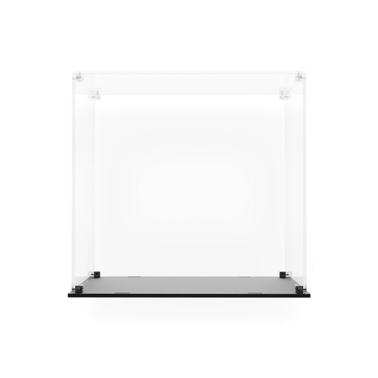 Empty clear acrylic display case with black base for LEGO 21066 The Big Apple, front view