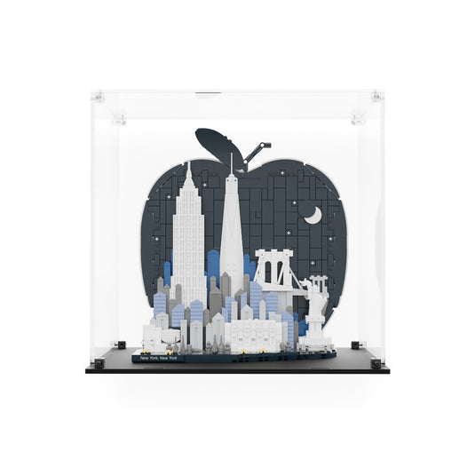 LEGO 21066 The Big Apple display case with clear back panel, black base and model, front view