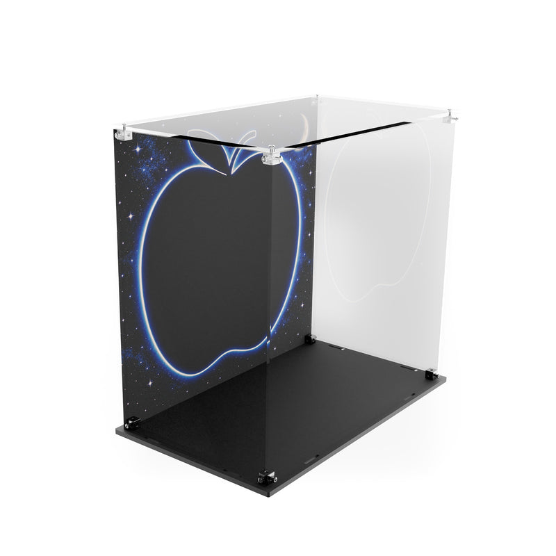 Load image into Gallery viewer, Empty Big Apple acrylic display case with printed back panel and black base, angled view
