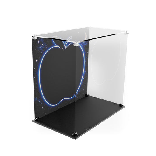 Empty Big Apple acrylic display case with printed back panel and black base, angled view