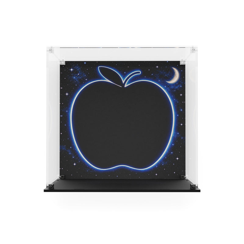 Load image into Gallery viewer, Empty Big Apple acrylic display case with printed starry back panel, crescent moon and apple outline, front view
