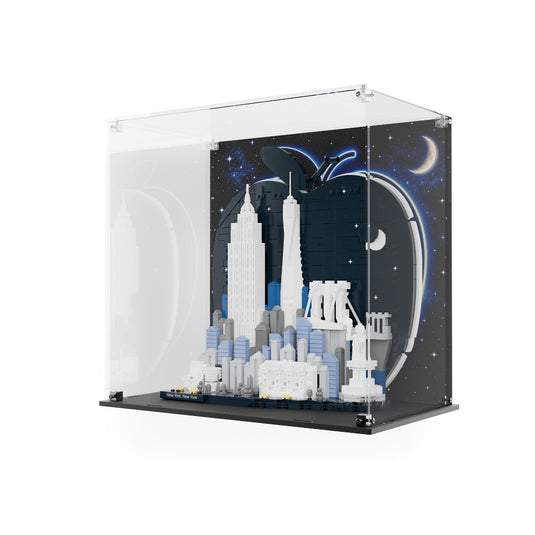 LEGO 21066 New York City The Big Apple display case with printed starry back panel and model, angled view