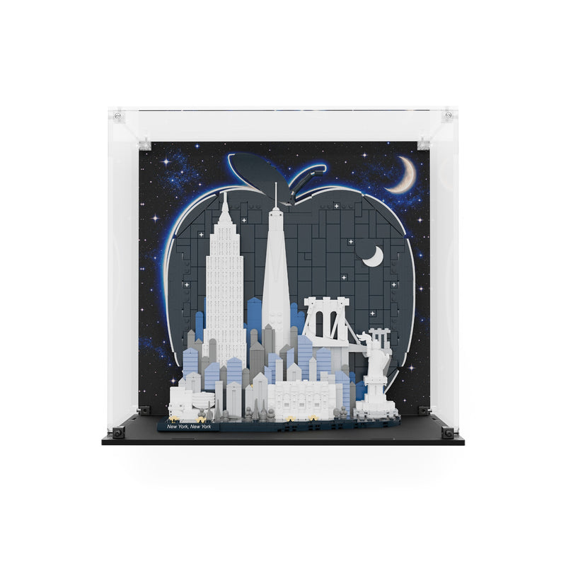 Load image into Gallery viewer, Front view of LEGO 21066 The Big Apple display case with model and printed starry back panel
