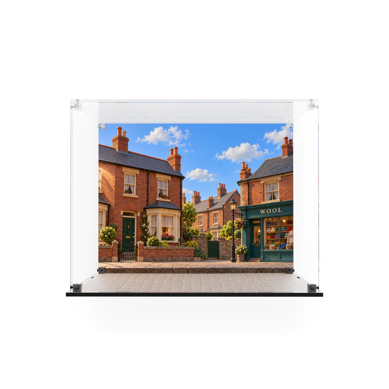 Load image into Gallery viewer, Empty Wallace and Gromit display case with printed back and cobblestone base
