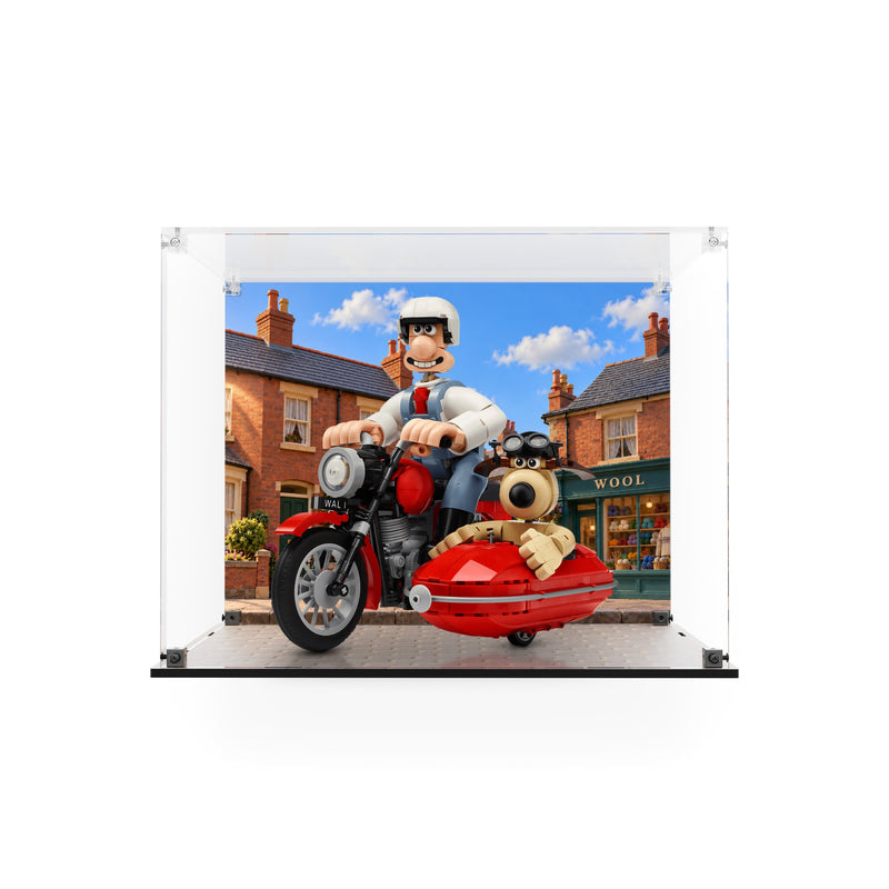 Load image into Gallery viewer, Wallace and Gromit display case with printed street backdrop and cobblestone base, with LEGO model
