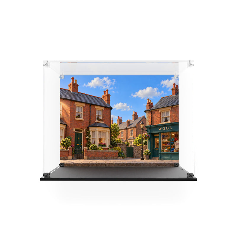 Load image into Gallery viewer, Empty Wallace and Gromit display case with printed street backdrop and black base
