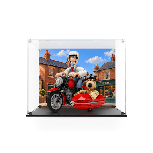 Wallace and Gromit display case with printed street backdrop and black base, with LEGO model