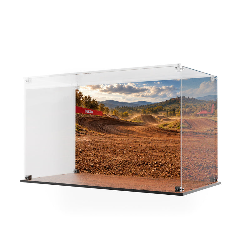 Load image into Gallery viewer, Empty Ducati Desmo450 MX display case with printed motocross back panel and matching base, angled view
