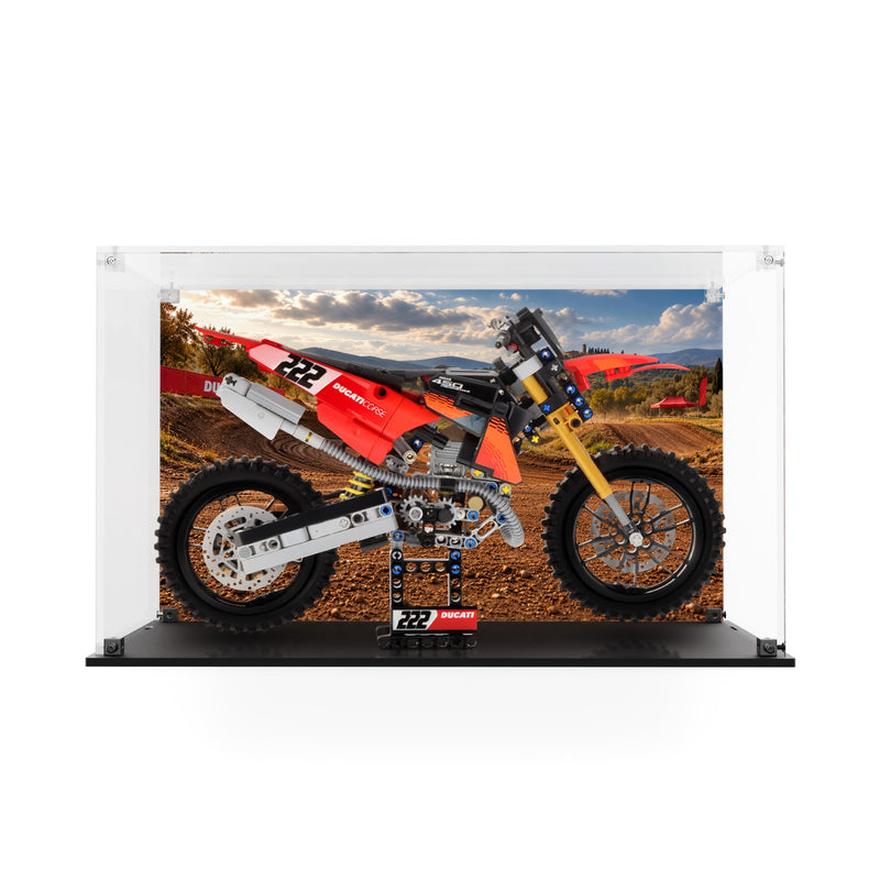 Load image into Gallery viewer, LEGO 42238 Ducati Desmo450 MX motorcycle display case with a motocross printed back panel and black base
