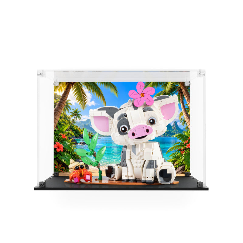 Load image into Gallery viewer, LEGO Disney Pua 43292 in an acrylic display case with tropical printed back panel and black base
