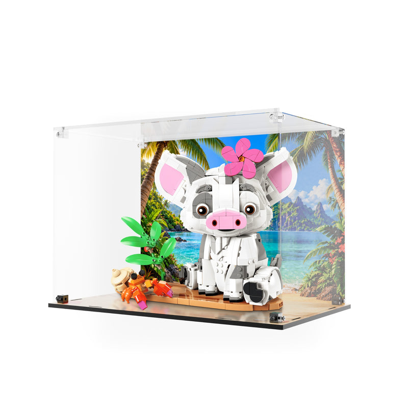 Load image into Gallery viewer, LEGO Disney Pua 43292 displayed in an acrylic case with tropical printed backdrop and beach base, angled view
