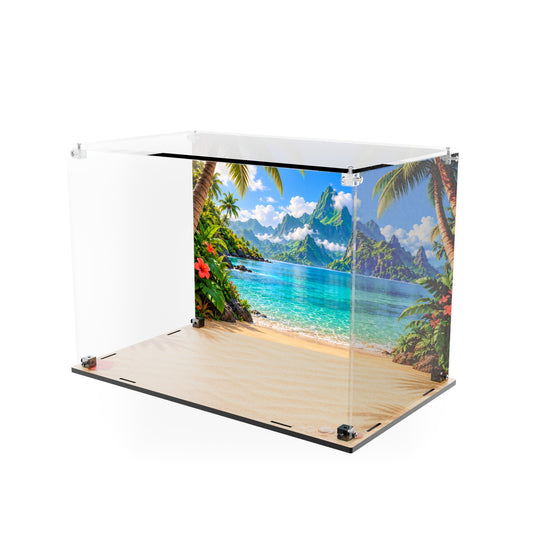 Angled view of empty acrylic display case for LEGO Disney Pua 43292 with tropical backdrop and beach printed base