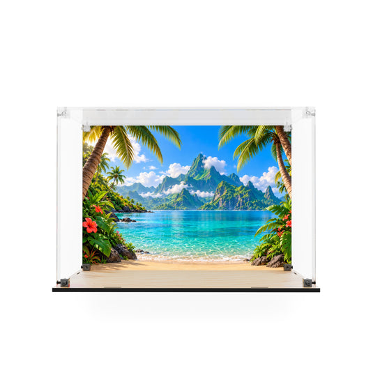 Empty special edition display case for LEGO Disney Pua 43292 with tropical printed backdrop and beach base