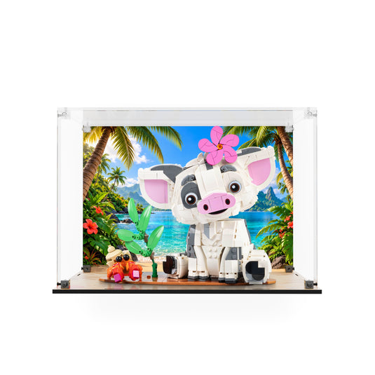 LEGO Disney Pua 43292 in the special edition display case with tropical backdrop and beach printed base