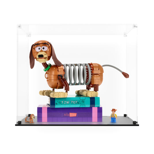 LEGO Slinky Dog Bookends displayed in a clear acrylic case with clear back panel and black base