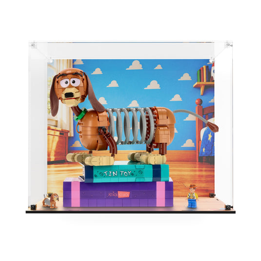 Front view of LEGO Slinky Dog Bookends display case with printed bedroom backdrop and matching printed base