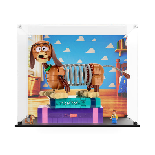 LEGO Slinky Dog Bookends display case with printed bedroom backdrop and black base