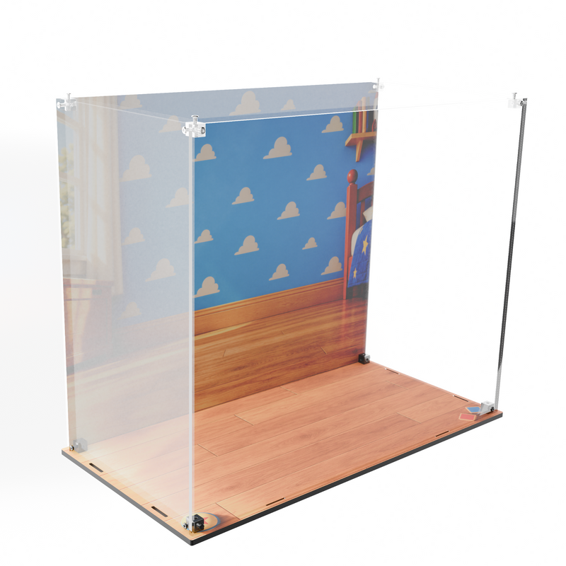 Load image into Gallery viewer, Angled view of empty Slinky Dog display case showing printed bedroom backdrop, wood-effect base and clear acrylic panels
