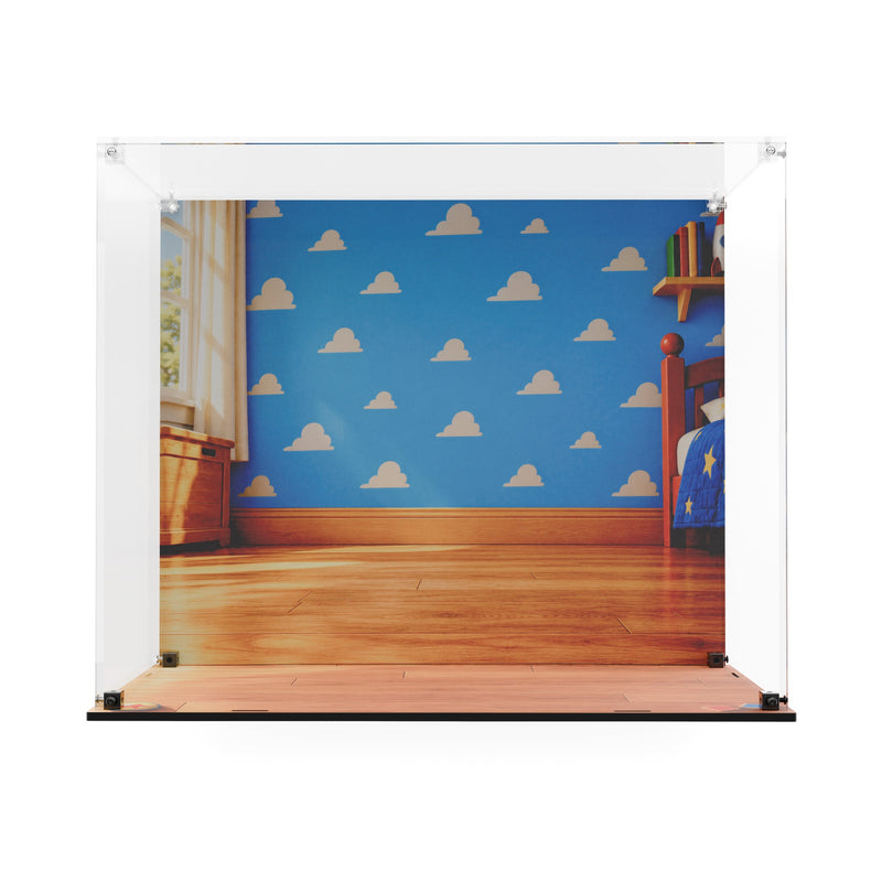 Load image into Gallery viewer, Empty Slinky Dog acrylic display case with printed bedroom back panel and wood-effect printed base
