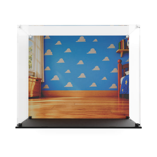 Empty Slinky Dog acrylic display case with printed bedroom back panel and black base