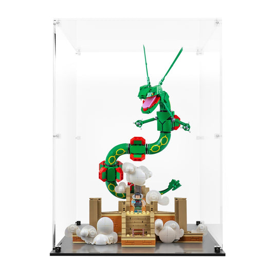 LEGO Pokémon Rayquaza 72168 in a clear display case with black base