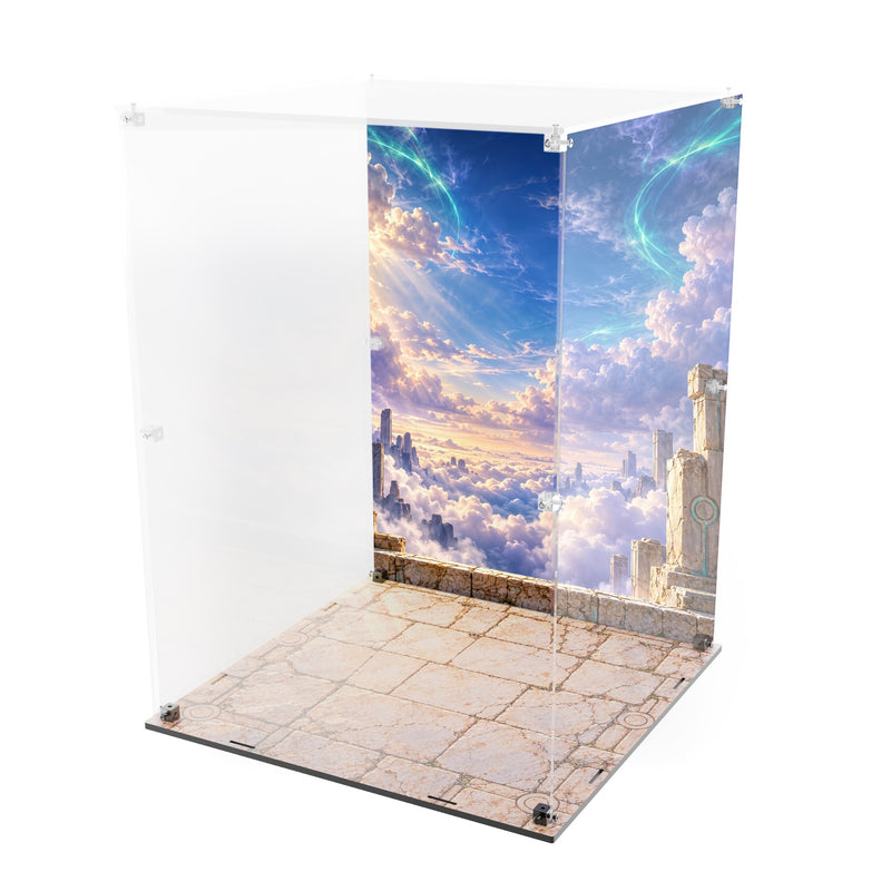 Load image into Gallery viewer, Empty Rayquaza display case with printed backdrop and stone-effect base, angled view
