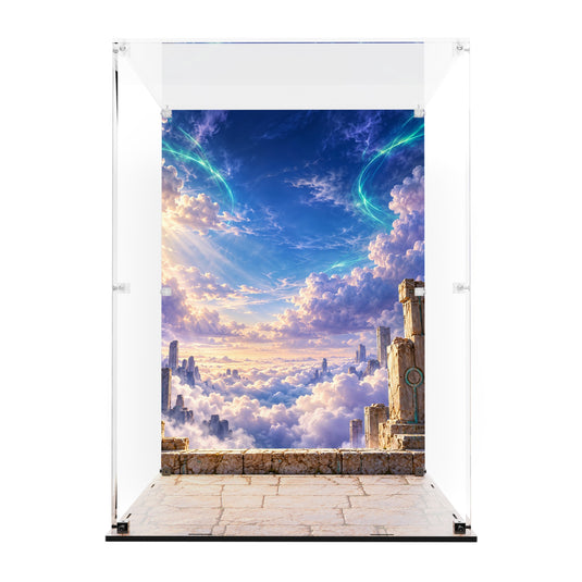 Empty Rayquaza display case with printed sky backdrop and stone-effect base