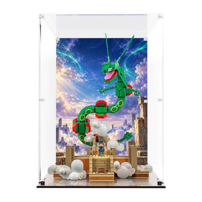 Load image into Gallery viewer, LEGO Pokémon Rayquaza 72168 display case with printed sky backdrop and stone-effect base
