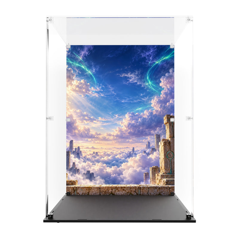 Load image into Gallery viewer, Empty Rayquaza display case with printed sky backdrop and black base
