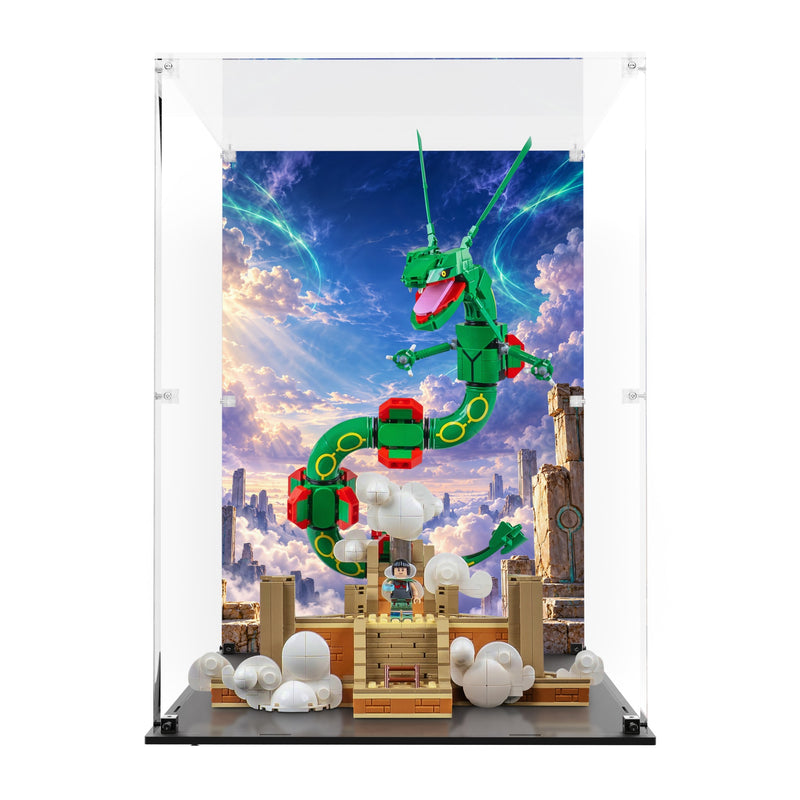 Load image into Gallery viewer, LEGO Pokémon Rayquaza 72168 display case with printed sky backdrop and black base

