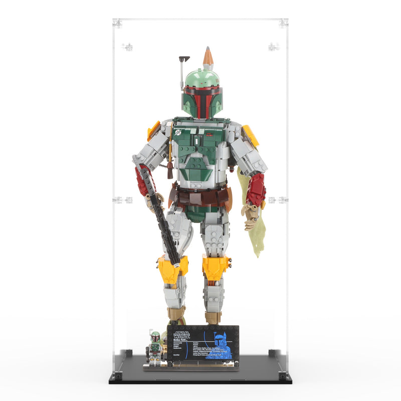 Load image into Gallery viewer, Clear acrylic display case for LEGO 75455 Boba Fett with black base, shown with model; LEGO set not included
