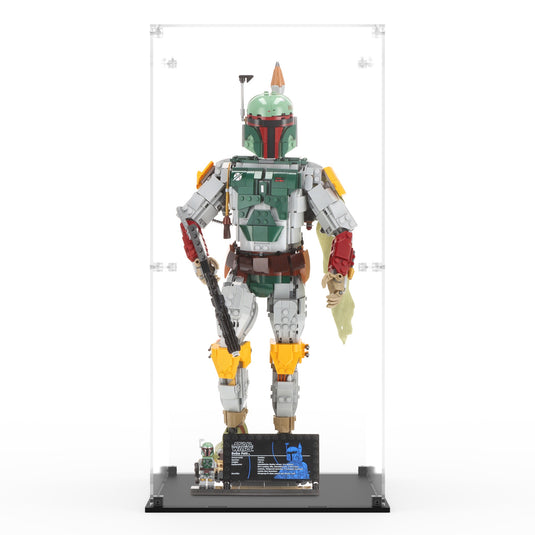 Clear acrylic display case for LEGO 75455 Boba Fett with black base, shown with model; LEGO set not included