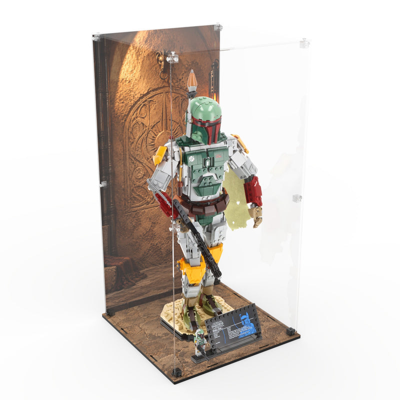 Load image into Gallery viewer, Special Edition display case for LEGO 75455 Boba Fett with printed palace background and stone-effect base, angled view with model; LEGO set not included
