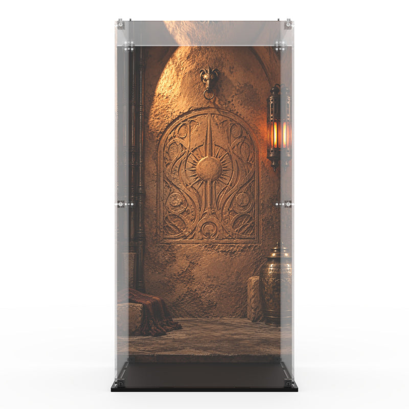 Load image into Gallery viewer, Empty acrylic display case for LEGO 75455 Boba Fett with printed palace background and black base
