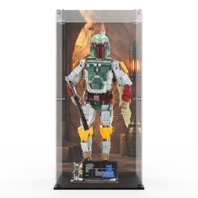 Load image into Gallery viewer, Display case for LEGO 75455 Boba Fett with printed palace background and black base, front view with model; LEGO set not included

