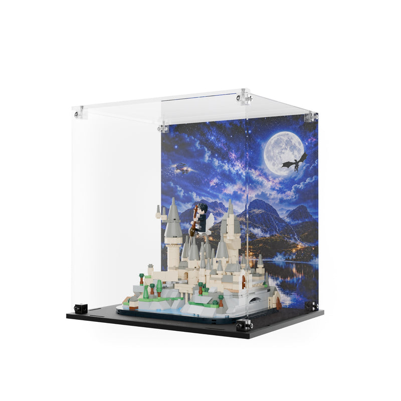 Load image into Gallery viewer, Printed back panel and LEGO Mini Hogwarts Castle from the side
