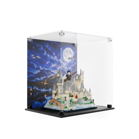 Angled view of display case with printed back and model