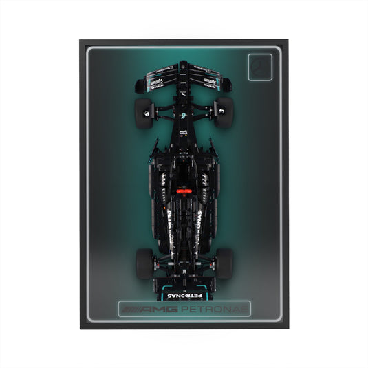 LED wall display for LEGO Technic 42171 Mercedes-AMG F1 W14 E Performance, straight-on view in ambient light with model