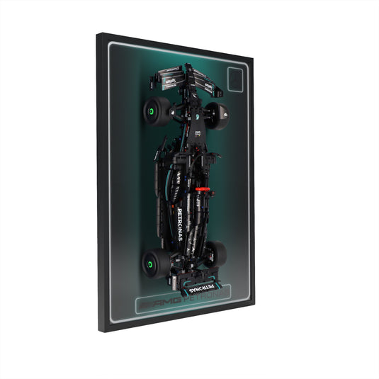 LED wall display for LEGO Technic 42171 Mercedes-AMG F1 W14 E Performance, left angle in ambient light with model