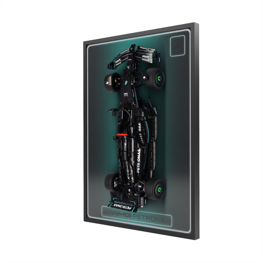 LED wall display for LEGO Technic 42171 Mercedes-AMG F1 W14 E Performance, right angle in ambient light with model