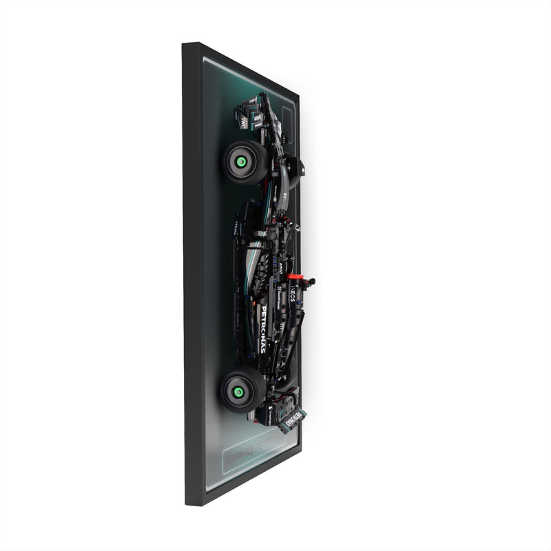 Load image into Gallery viewer, LED wall display for LEGO Technic 42171 Mercedes-AMG F1 W14 E Performance, side view showing frame profile and mounted model
