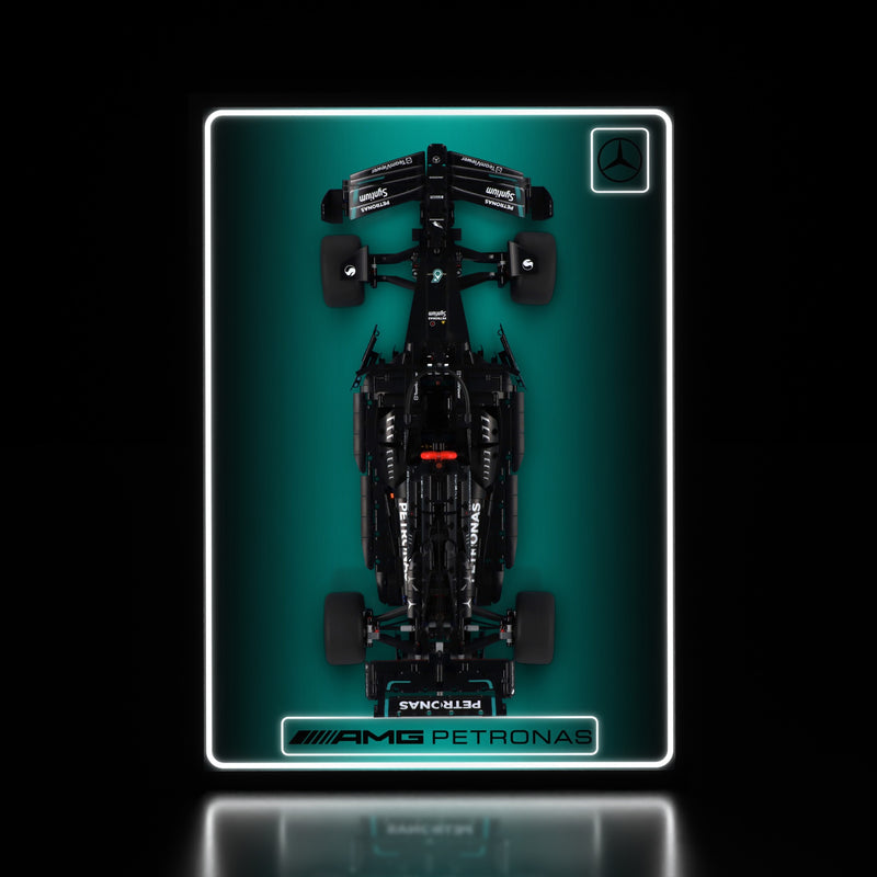 Load image into Gallery viewer, LED wall display for LEGO Technic 42171 Mercedes-AMG F1 W14 E Performance, illuminated straight-on view with model

