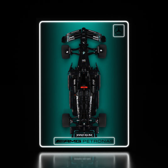 LED wall display for LEGO Technic 42171 Mercedes-AMG F1 W14 E Performance, illuminated straight-on view with model