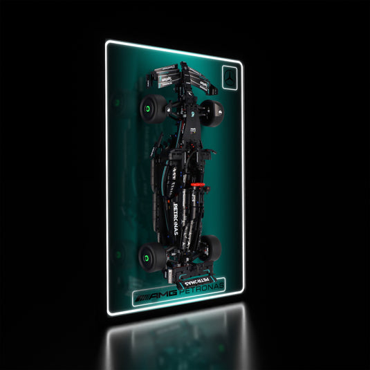 LED wall display for LEGO Technic 42171 Mercedes-AMG F1 W14 E Performance, illuminated left angle with model