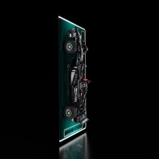 LED wall display for LEGO Technic 42171 Mercedes-AMG F1 W14 E Performance, illuminated side view with model