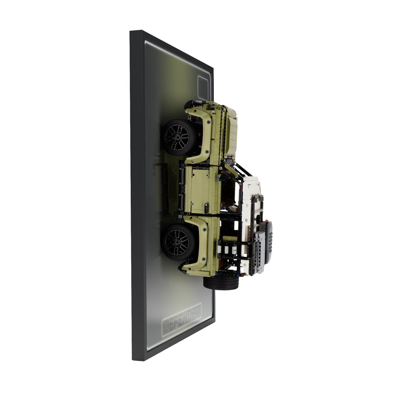 Load image into Gallery viewer, LED wall display for LEGO Technic 42110 Land Rover Defender, side view showing frame profile and mounted model
