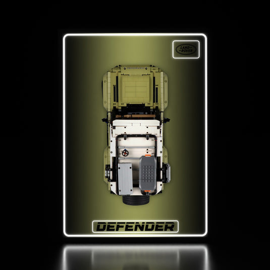 LED wall display for LEGO Technic 42110 Land Rover Defender, illuminated straight-on view with model