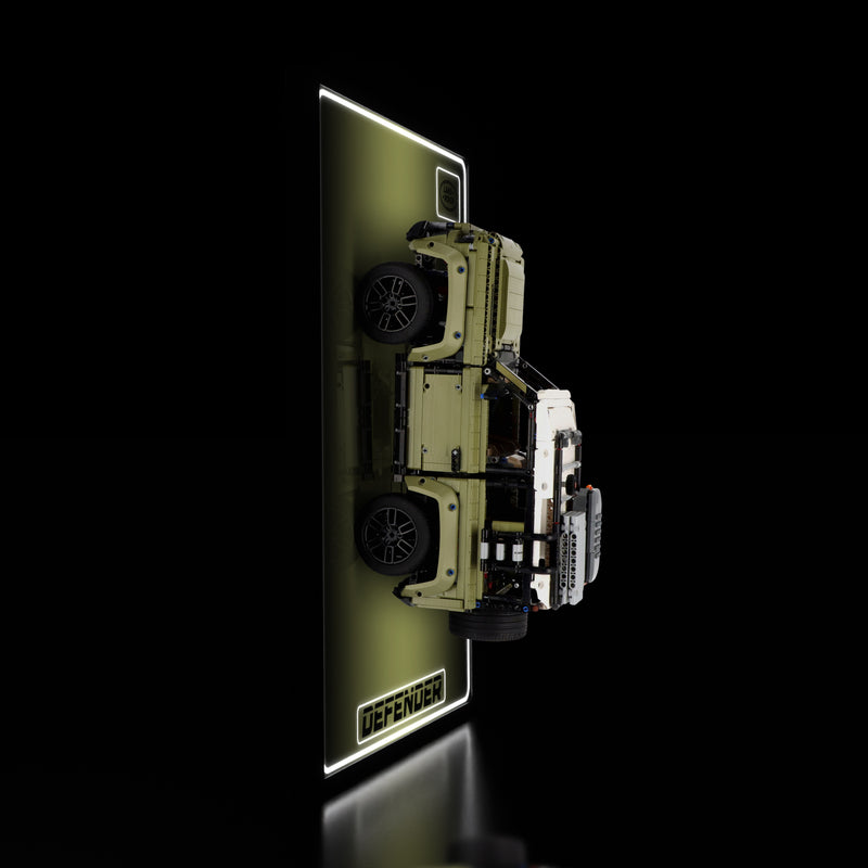 Load image into Gallery viewer, LED wall display for LEGO Technic 42110 Land Rover Defender, illuminated side view with model
